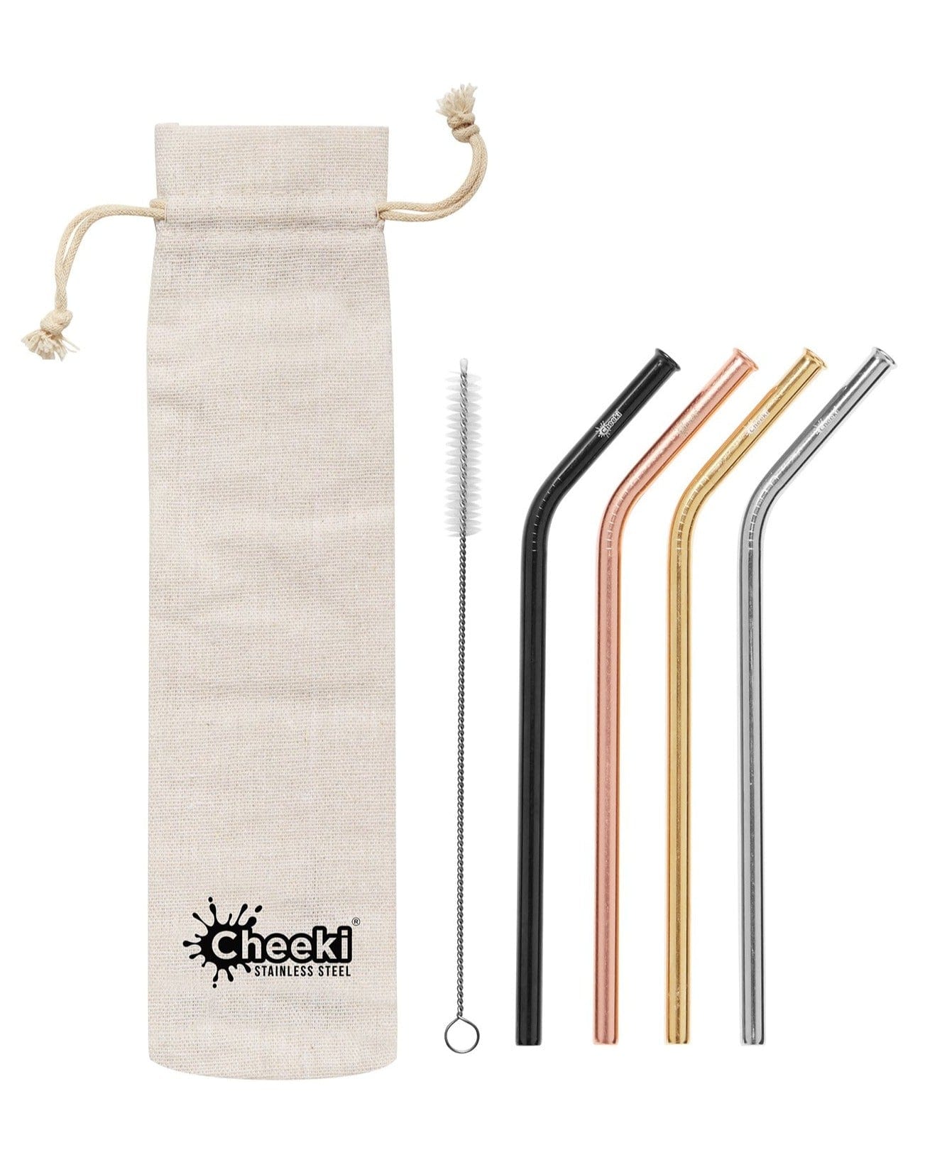 4 Pack Bent Stainless Steel Straws - Assorted Colours with Cleaning Brush + Bag