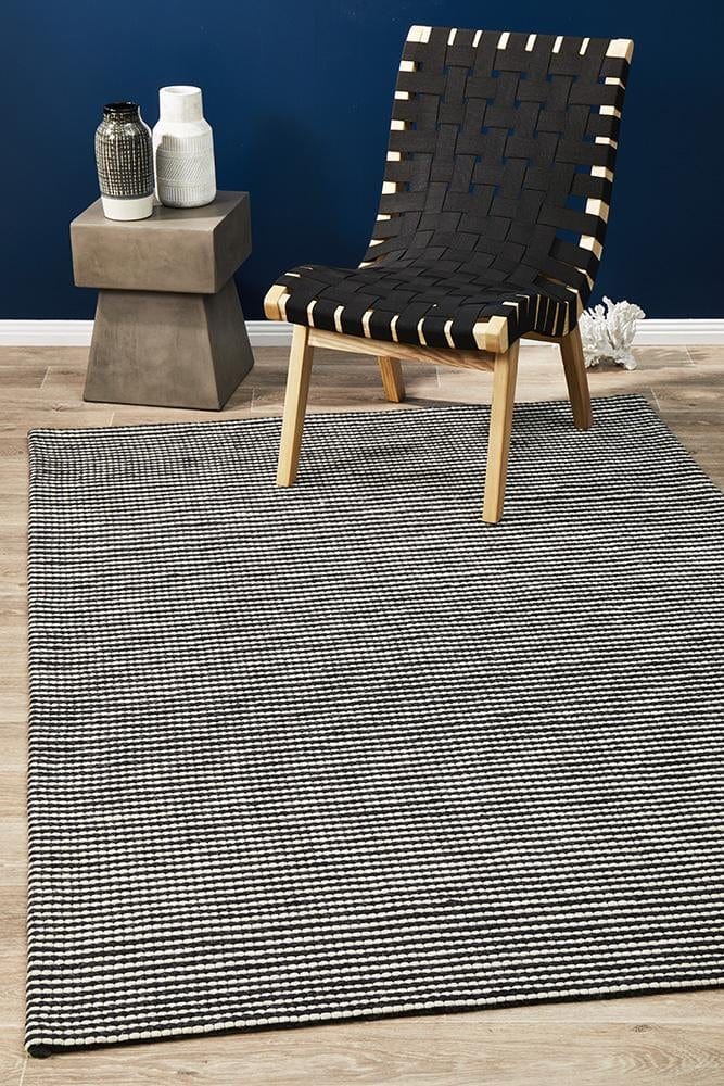 Leka Felted Wool Striped Rug Black White