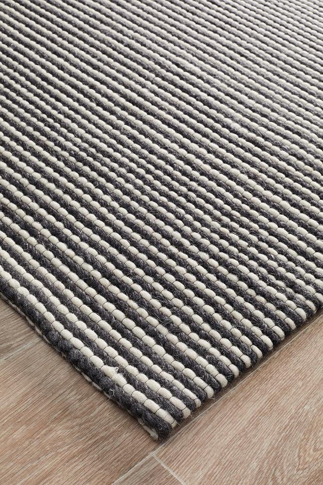 Leka Felted Wool Striped Rug Black White