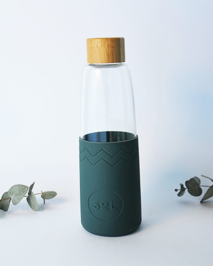 Hand Blown Glass Water Bottle Reusable with Bamboo Lid and Silicone Protective Sleeve