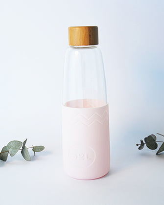 Glass Water Bottle Reusable Pink Silicone Sleeve Bamboo Lid